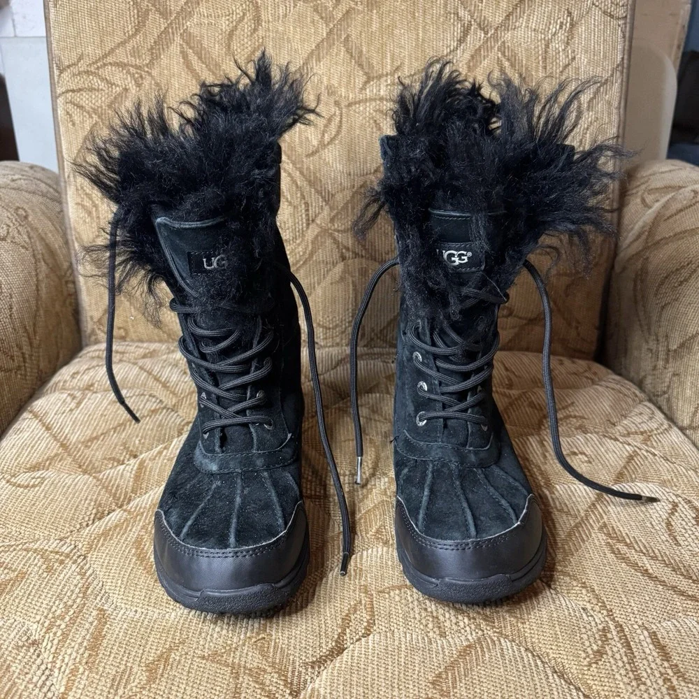 KIDS GIRLS 6 BLACK UGG BUTTE II FLUFF MONGOLIAN SHEEPSKIN BOOTS